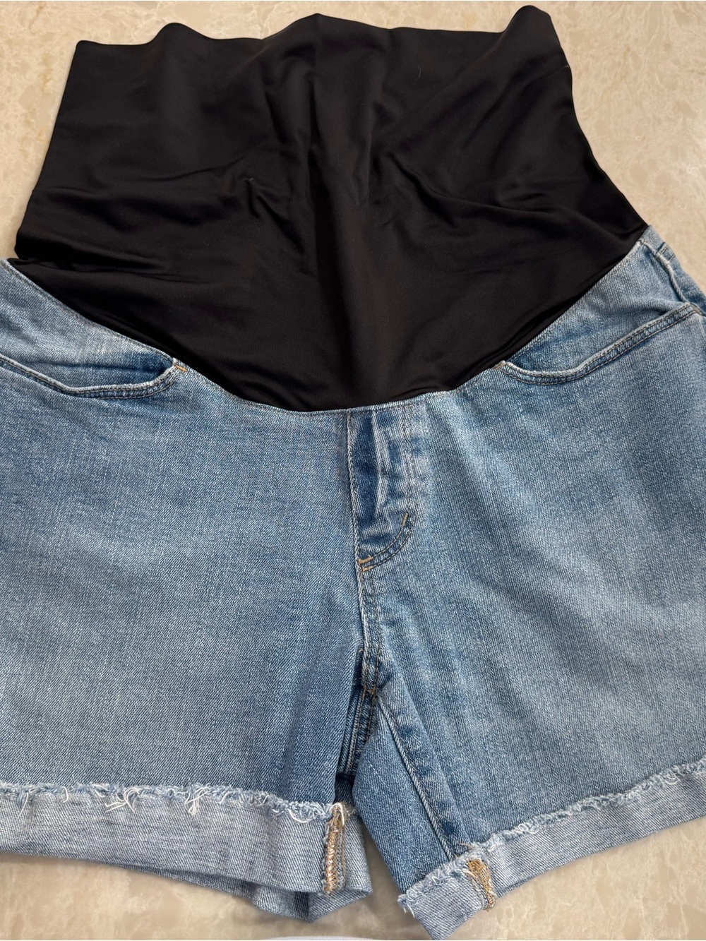 LOFT Light Blue Denim Maternity Shorts with Black Waist Panel